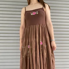 90's フラワーキャミソールフレアワンピース　ブラウン　USA古着　レディース　花柄刺繍　vintage  キャミワンピ　茶色