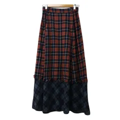 マウジー MOUSSY スカート フレア ロング ウエストゴム フリンジ チェック FREE 赤 紺 レッド ネイビー
