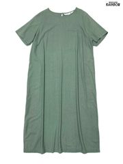 古着 シェルボタン 無地 シルク ロング丈 半袖 ワンピース 緑 (otu2506028)