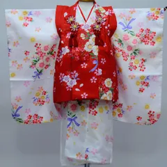 七五三 3歳 3才 三歳 三才 女児 女の子 被布着物祝着フルセット 白色×赤色 百花斉放 お仕立て無料 NO24017