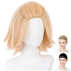 【新着商品】佐野万次郎 マイキー 東卍 オールバック 東京卍リベンジャーズ 金髪 ウィッグ ライトゴールド コスプレ ホワイトメルチェ・ウィッグネット2個セット CaseEden