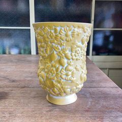 ヴィンテージ陶器ハンドメイドフラワーベースイエローホワイトパテスペイン