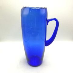 手作り　水差し　ピッチャー　取っ手付き　持ち手　青　ブルー　ガラス　新品未使用　花瓶　レトロ