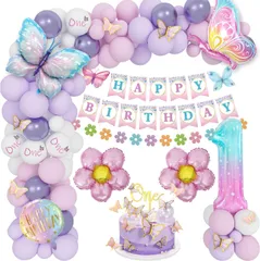 【在庫処分】セット 蝶の箔風船、ハッピーバースデーのバナー 誕生日バルーン 女の子の最初の誕生日 バルーン 1の風船 ピンク紫色の誕生日 女の子 蝶のステッカー 飾り付け 1歳の誕生日