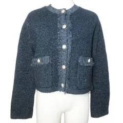 ジーユー GU タグ付き 25SS フリンジダブルポケットニットジャケット 251-356376 ノーカラー 金ボタン S 紺 ネイビー /X