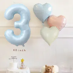 new❤︎ くすみ ベビーカラー ナンバーバルーン ＆ ハート  誕生日飾り風船セット　数字0〜9よりお選びできます　バースデー　男の子　女の子　100日祝い