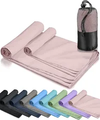 NOMAW 速乾タオル 登山 スポーツタオル 超軽量 コンパクト 吸水速乾タオル マイクロファイバータオル バスタオル ミニバスタオル フェイスタオル アウトドア 旅行 収納袋付き(シェルピンク,  MLセット)