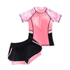 ☆ ピンク ☆ L ☆ 女の子 水着 pk21133 ジュニア 水着 女の子 セパレート 半袖 パンツ ハーフパンツ ラッシュガード 上下 トップス パッド付 紫外線対策 日焼け対策 可愛い かわいい スイミング プール 海 川遊び ラウンドネック