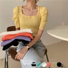 Tシャツ レディース パフスリーブ 5分袖 韓国 スクエアネック リブニット かわいい おしゃれ シンプル カジュアル フェミニン ガーリー 春 夏 半袖 ニット ストレッチ きれいめ 体系カバー ボーダー 無地