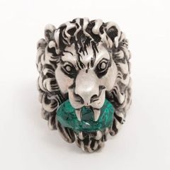 GUCCI グッチ ミケーレ期 ライオンヘッド SP × ストーン リング 19 （実寸18.5号） シルバー × エメラルドグリーン イタリア製