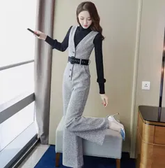 ボトムス オールインワン レディース ワイドパンツ ロング フルレングス Vネック ワイド ストレート フェミニン ベルト ウエストマーク 中厚手 きれいめ 上品 おしゃれ レトロ モード系 エレガント 主役級 存在感 クラシカル 秋 冬 授業参観 オフィス 