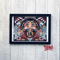 尾九 開運イラスト めで鯛 福達磨 黒色 A4サイズ フレーム付き
