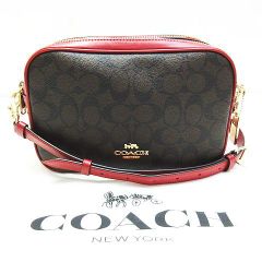 ※● 美品 COACH コーチ シグネチャー カメラバッグ 68168 ショルダーバッグ クロスボディ 斜め掛け  PVCレザー ブラウン×レッド 茶×赤 鞄 ゴールド金具 保存袋付き レディース E037B ★3901
