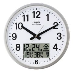 電波_シルバー ランデックス(Landex) 掛け時計 電波 アナログ 32cm ステップ秒針 夜間秒針停止 温度 湿度 カレンダー 表示 シルバー インフォライフ YW9187SV