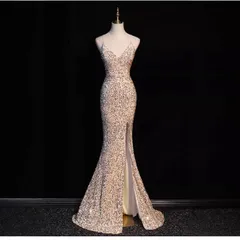 カラードレス カクテルドレス ロングドレス パーティードレス 発表会 演奏会 ステージドレス コンサート イブニングドレス シャンパンゴールド スリット入り スパンコール 肩ひも タイト マーメイドライン 1044