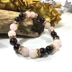 ローズクォーツ&ガーネット  パワーストーン ブレスレット 天然石 8mm（ゴールド）レディース 女性  数珠ブレス 開運 プレゼント ギフト  [n]