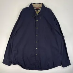 古着 トミーヒルフィガー TOMMY HILFIGER 長袖シャツ ロゴ 刺繍 肉厚 大きいサイズ ボタンダウン XXL  ネイビー系 無地 メンズ