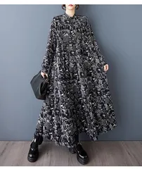 新品 2026新作 モード系  配色 長袖ワンピース  韓国風 大きいサイズ ゆったり スリム 長袖ドレス ファッション 花柄 ロングワンピース