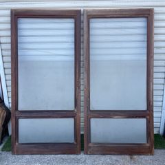 レトロ】木製 建具 2枚セット（モールガラス・霞ガラス）古道具 DIY