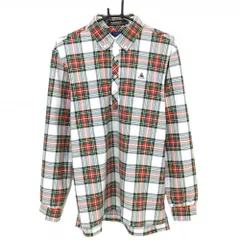 【美品】ルコックゴルフ 長袖ポロシャツ 白×グリーン チェック ロゴ刺しゅう ボタンダウン  メンズ LL ゴルフウェア le coq sportif