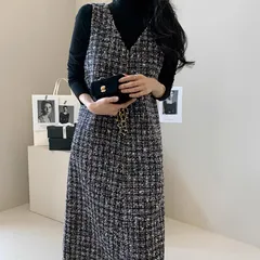 ワンピース レディース フレア ロング 袖なし ノースリーブ Vネック Aライン フェミニン コンサバ ツイード かわいい 大人可愛い 上品 おしゃれ レトロ こなれ感 ガーリー エレガント モダン 抜け感 ラブリー キュート ロマンティック ナチュラル チェ