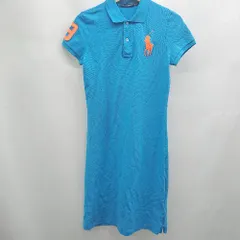 ◇ ⊂ RALPH LAUREN ラルフローレン 無地 半袖 ロング ポニー刺繍ポロシャツワンピース サイズM ブルー系 レディース E  【1507280014042】
