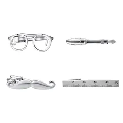 【特価商品】Yoursfs おもしろ ネクタイピン 4本セット タイピン 髭 メガネ 万年筆 定規 ネクタイピン 銀 おしゃれ ユニークプレゼント