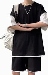 tシャツ メンズ 半袖 上下 セット 夏服 ゆったり ジャージ メンズ 上下 ハーフパンツ セットアップ メンズ 無地 スウェット メンズ 上下セット フェイク レイヤード おしゃれ 大きいサイズxiaan01