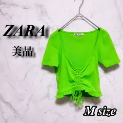 《美品》  ZARA ザラ M レディース 半袖 トップス リブ 緑 グリーン 春夏 トレンド リボン 古着