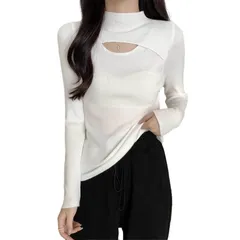 【在庫処分】高伸縮 着回し力 胸あき 重ね着に便利 タートルネック 長袖 カットソー ハイネック トップス レディース 縦リブ セーター 着痩せ 小顔 胸開き 柔らかい セクシーニット 薄手 胸空きニット 無地 リブニット 春秋 [fourfivesixはる]