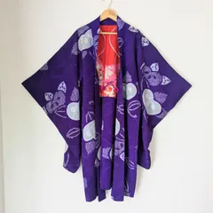 Japanese Vintage Haori Long Chirimen Purple Silk Kimono Gown Robe 長羽織 羽織 正絹 縮緬 青紫 橘柄 鹿の子絞り 裏地が可愛い シルク 大正浪漫 和洋折衷