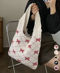 ニットトートバッグ リボン柄ニット編み鞄