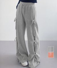  スウェットパンツサイドリボンワイドパンツ 無地パンツ 細見え リラックスパンツ黒 体型カバーボトムス