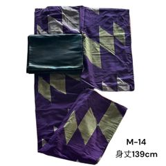 【M-14】 着物　小紋　正絹　紫　パープル　アンティーク　ダイヤ柄　身丈139　和洋折衷コーデ　和服