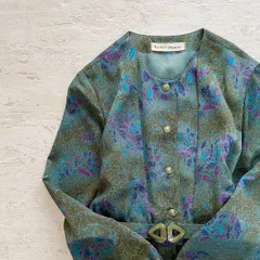 昭和レトロ花柄長袖ロングワンピースベルト付きグリーンやや光沢フリーサイズH2