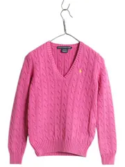 【お得なクーポン配布中!】 ラルフローレン Vネック コットン ケーブル ニット セーター レディース М / ポロ 長袖ニット ワンポイント ポニー刺繍 シンプル ピンク