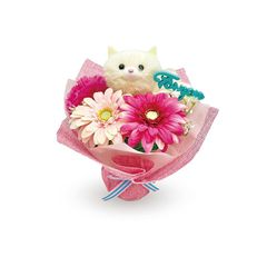 [ クリアバッグ付き D ] フラワーブーケ 誕生日プレゼント 卒業 合格 入学 ギフト 贈り物 マスコット ふわふわ ねこ 猫 ピンク レッド お祝い 花束 ブーケ インテリア 造花 高さ約19 幅約18 奥行き約18 フラワーブーケ (アーティフィシャルブのサムネイル