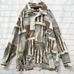 【良デザイン】90s ヴィンテージ 開襟 アート 総柄 デザインシャツ  長袖シャツ Mサイズ オープンカラー