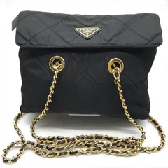 良品 PRADA プラダ ポコノ ナイロン テスート 三角ロゴ チェーン ショルダー レディース バッグ 鞄 かばん ブラック ゴールド 黒 a7595