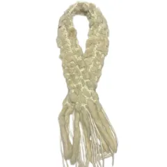 アイボリー ラビットファー 編み込みデザイン マフラー フリンジ付き