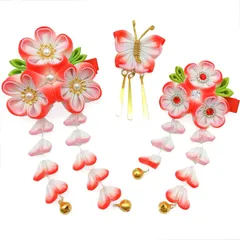 【在庫処分】成人式 髪飾り グラデーション 髪飾り ヘアアクセサリー つまみ細工 浴衣 袴 着物 七五三 振袖 和装 卒業式 卒園式 結婚式 3点セット イベント 手作り ハンドメイド 桜 蝶々 [JZOON] 花 鈴付き 前撮り ピンク H5105