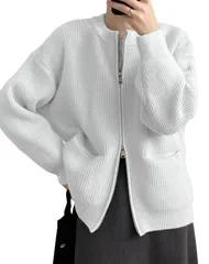 【数量限定】ジッパー ゆったり 前ジップ 冬 前開き 長袖 カーディガン お洒落 ダブルジッパー 柔らかい ポケット ニット 着痩せ ノーカラー シンプル セーター 秋冬 レディース 保温 ジッパーセーター 通勤 [Hanmall]