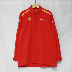 shell シェル 刺繍 ワッペン ユニフォーム ワークシャツ 長袖シャツ ボタンダウン 企業 レッド 赤 古着【UR-0335】