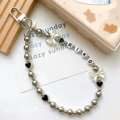ハンドメイド໒꒱⋆🩶🖤文字入り♡シルバー ビーズ ストラップ スマホ チャーム DIY 韓国