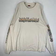 古着 00’s/00年代 ハーレーダビッドソン HARLEY DAVIDSON 長袖Tシャツ ファイヤーパターン モーターカルチャー　バイク 大きいサイズ　USA製 2XL  ホワイト系 両面プリント メンズ