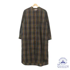 ☆美品☆ chocol raffine robe ショコラフィネローブ ワンピース シャツワンピース ノーカラー 長袖 ロング フロントボタン サイドスリット カジュアル チェック レディース ブラウン チェック F 901-16117 送料無料 古着