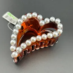 【新品】ヘアアクセサリー ヘアクリップ 大きめ ハート ブラウン フェイク パール◆
