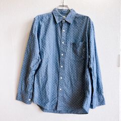 ユニクロ UNIQLO レギュラーカラー シャツ 長袖 シャンブレー デニム風 ドット柄 総柄 小紋柄 コモン柄 綿 100 コットン cotton ネイビー