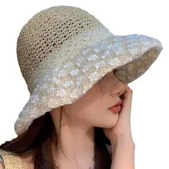 [ReiLuana] 麦わら 帽子 レディース つば広 日よけ UVカット 折りたたみ レース リボン ハット 夏 (JP, アルファベット, Free Size, ベージュ) [ベージュ] [Free Size]