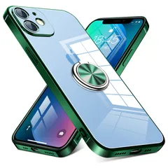 【迅速発送】iPhone 12 Mini 用 ケース リング付き クリア 耐衝撃 スタンド機能 透明 TPU 車載ホルダー対応 落下防止 防塵 薄型 軽量 一体型 変形防止 全面保護カバー アイフォン用 ケース 緑 W-YX-03-08